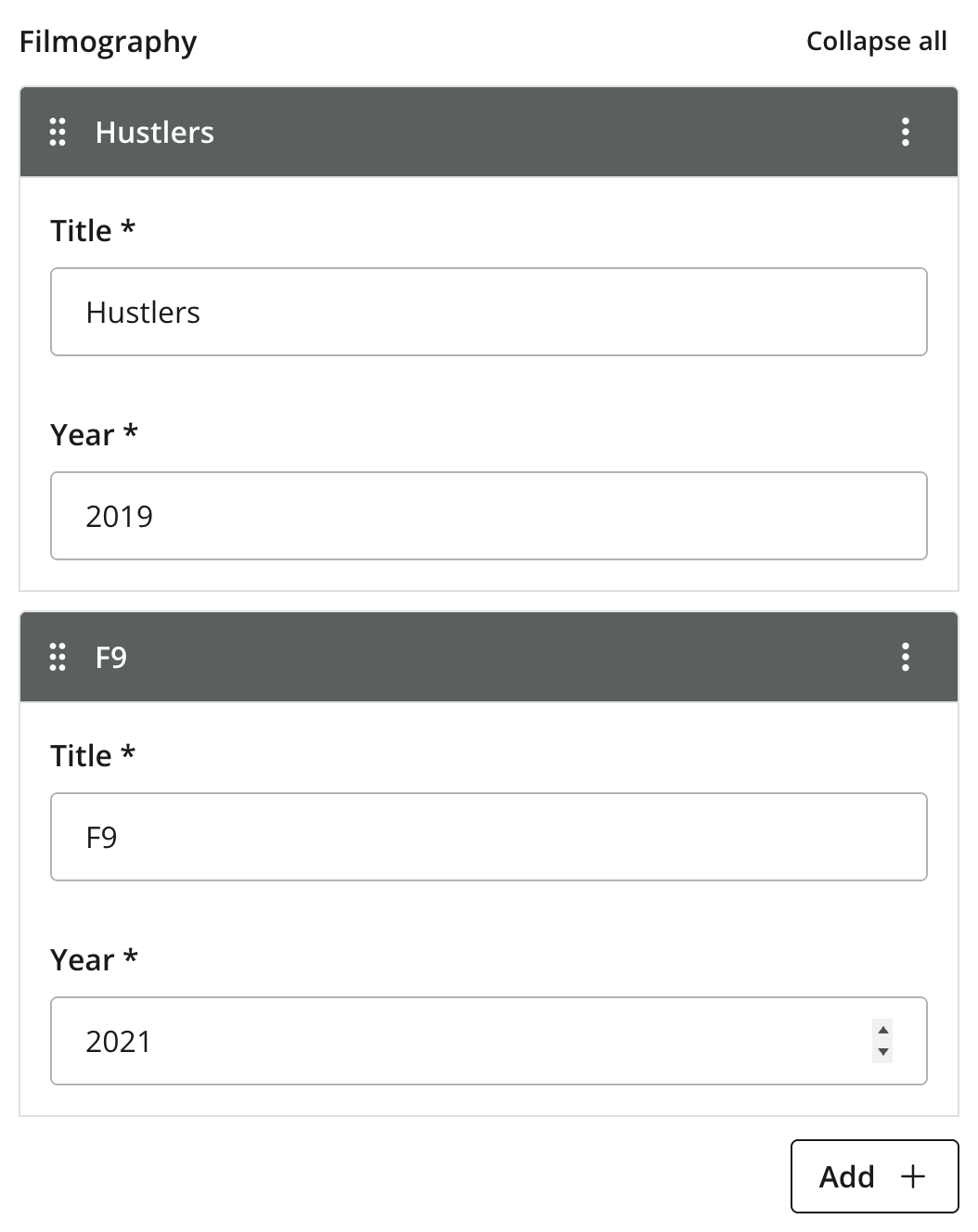 Filmography item set with Hustlers from 2019 and F9 from 2021