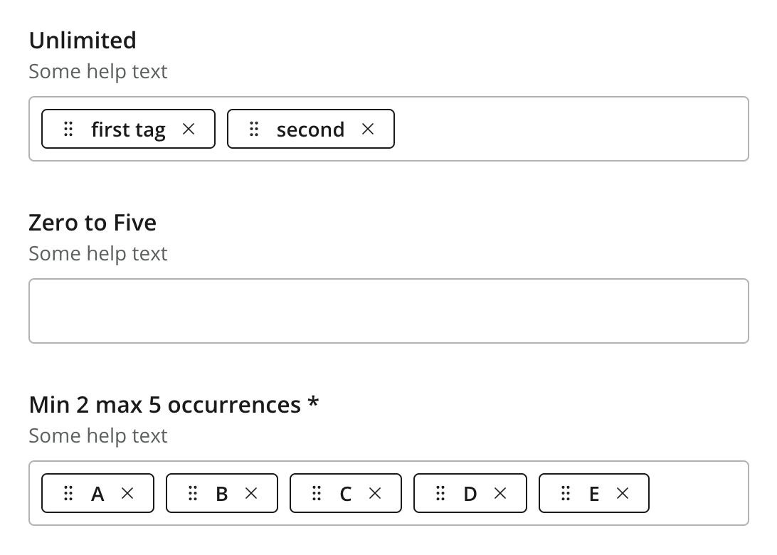 Three tag inputs showcasing 2 0 and 5 occurences