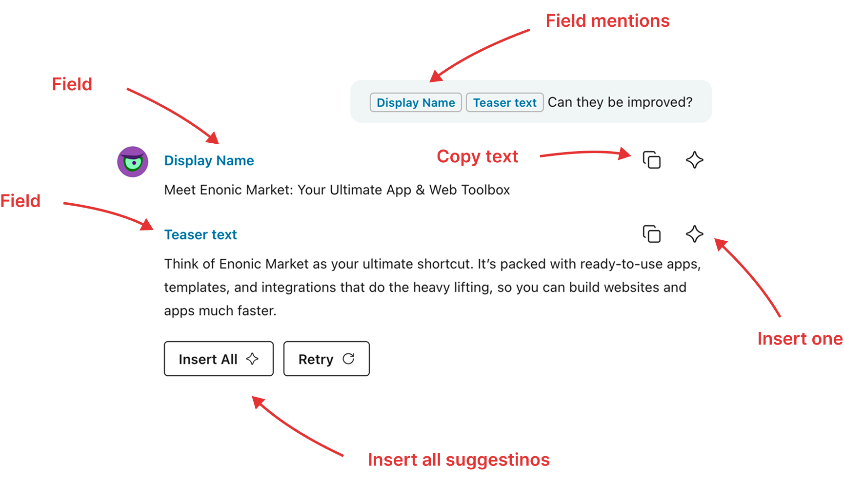 Juke suggestions for Display Name and Teaser text with field mentions, per-field controls, Insert All, and Retry