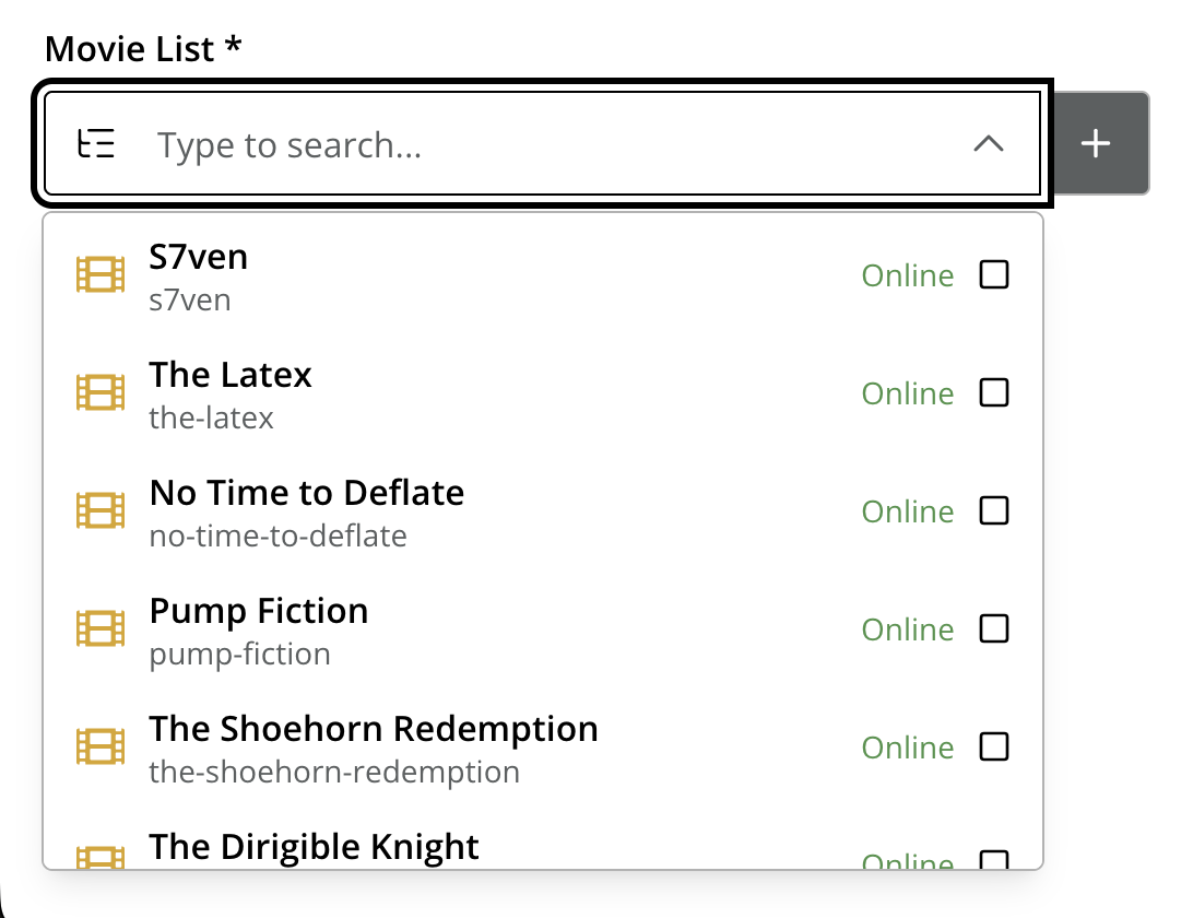 An input box with a dropdown listing content items below it