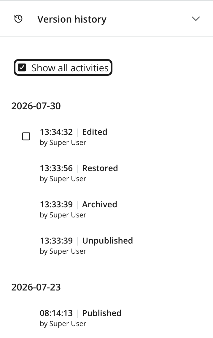 Version history showing archive and restore actions