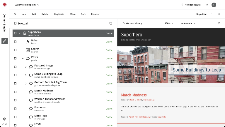 Content Studio Navigator view showing the content tree and preview
