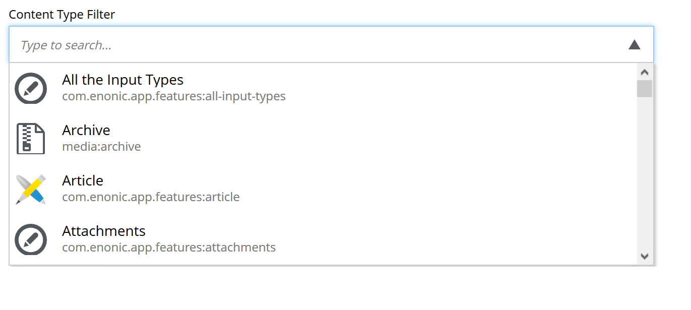 input field with a dropdown of all content
