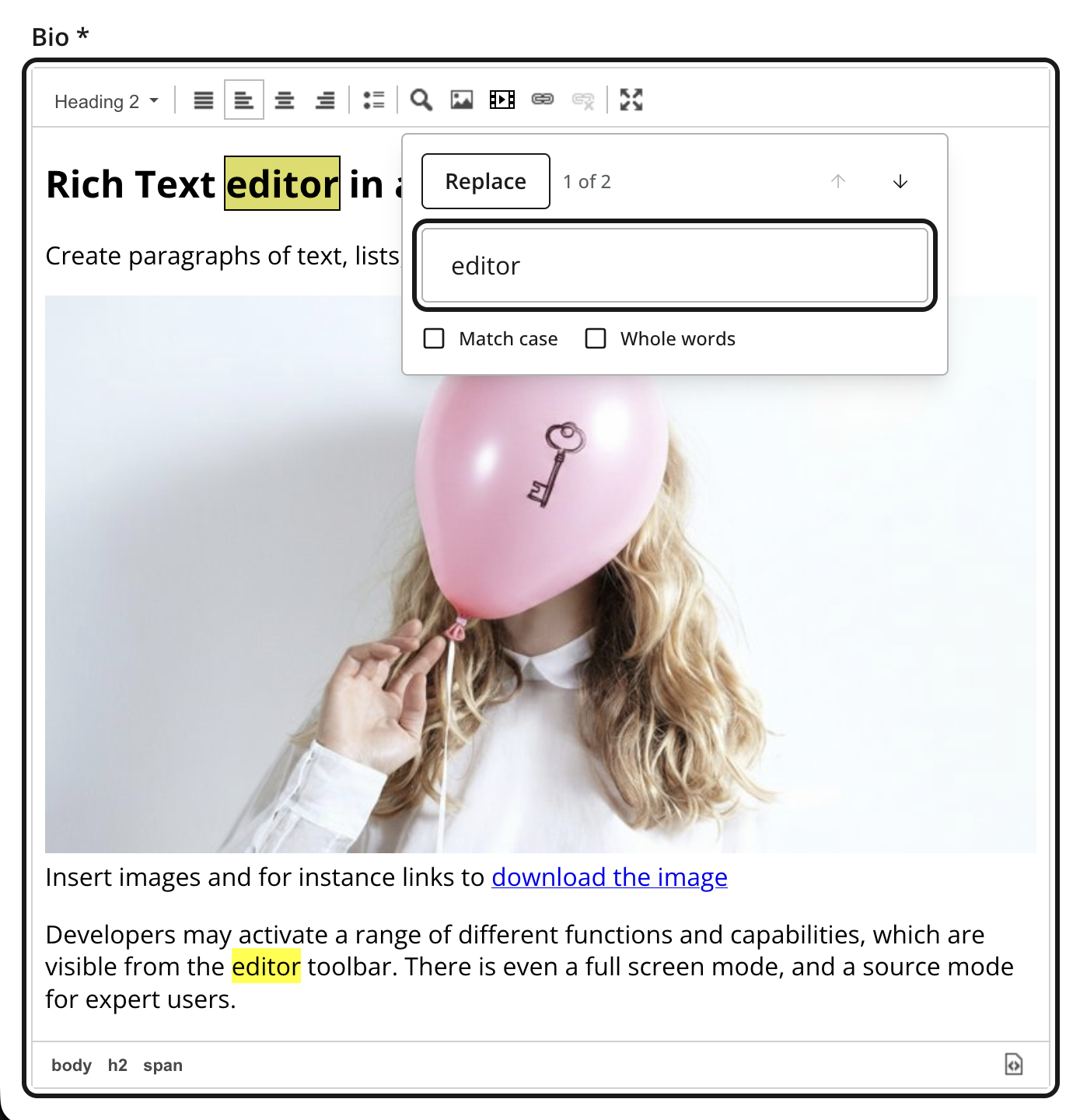 Rich Text Editor with the replace popup open and matching text highlighted