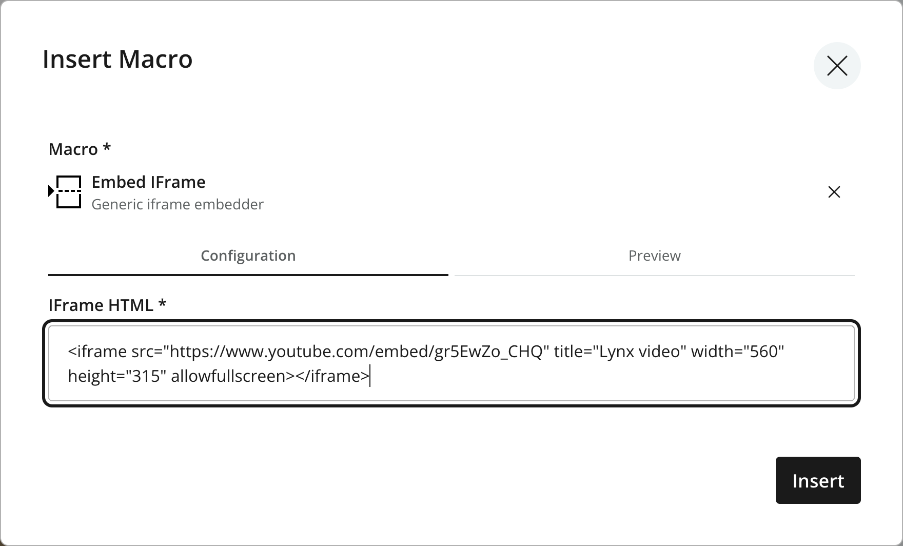 Insert Macro dialog with Embed IFrame selected and the lynx video iframe in IFrame HTML