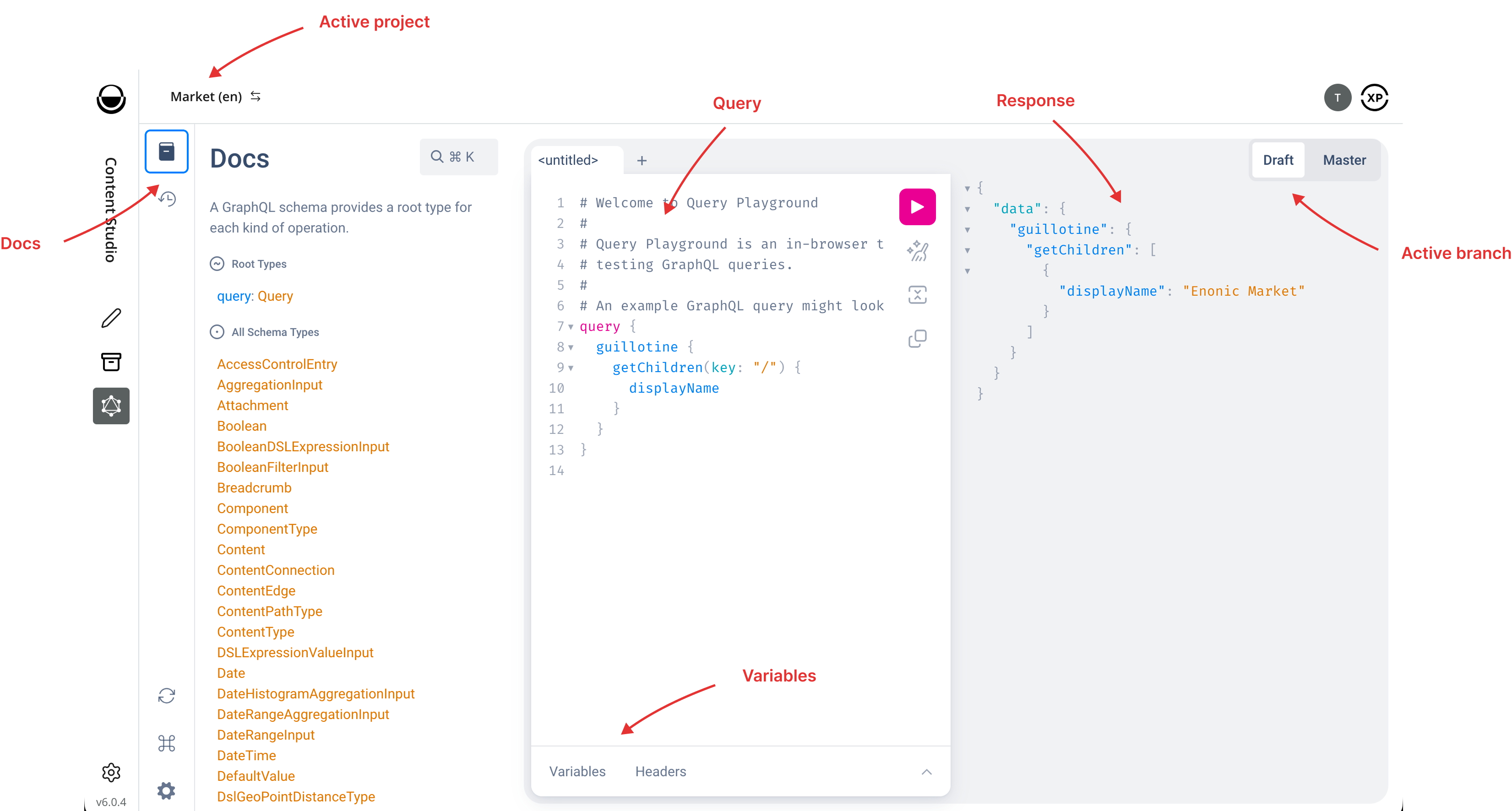 Query Playground in Content Studio, with the project selector, Docs panel, query editor, response panel, branch selector, and Variables panel annotated