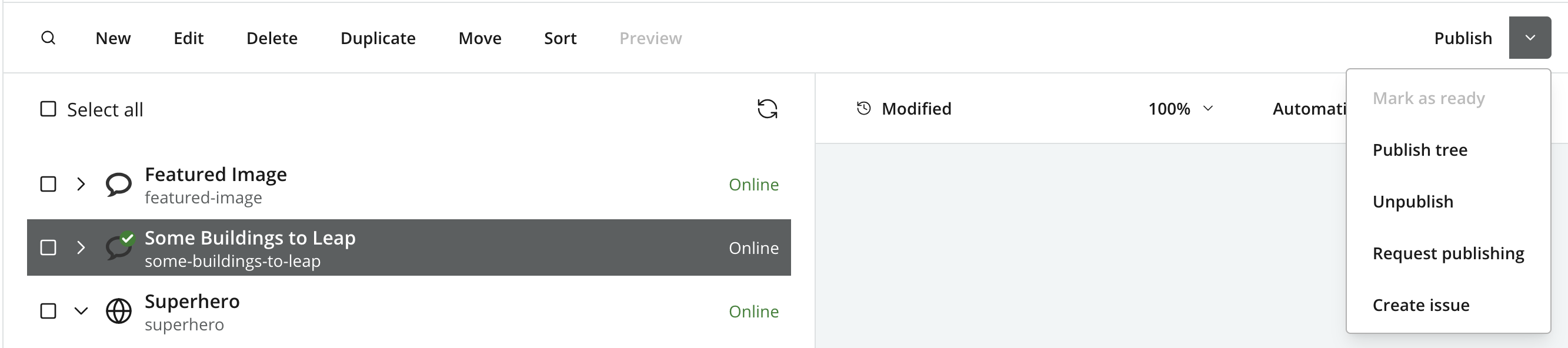 Navigator with ready content selected and Request publishing in the toolbar menu
