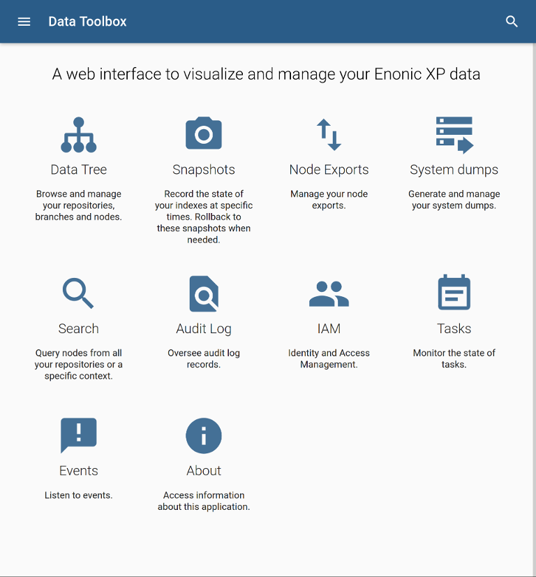 The Data Toolbox landing page: grid of icons for administrative actions and accompanying explanations. 