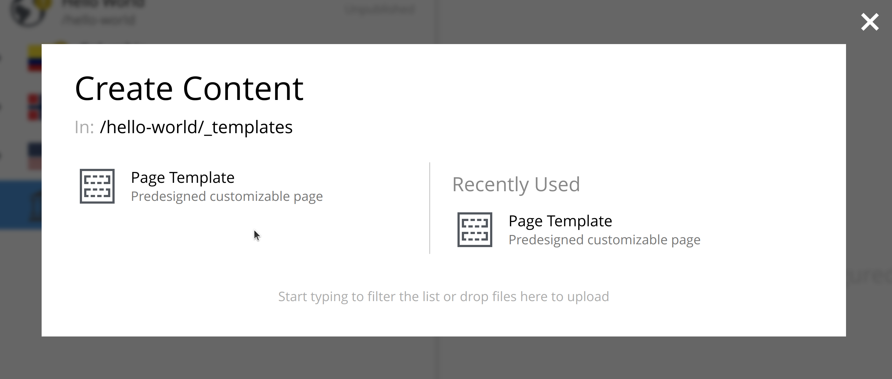 Modal showing the page template content type
