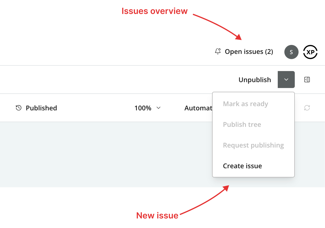 Content Studio header with Open issues and the toolbar menu’s Create issue action