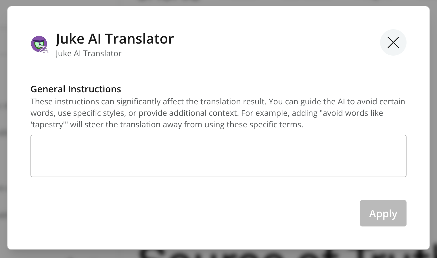 Juke AI Translator application configuration with a General Instructions field and Apply button