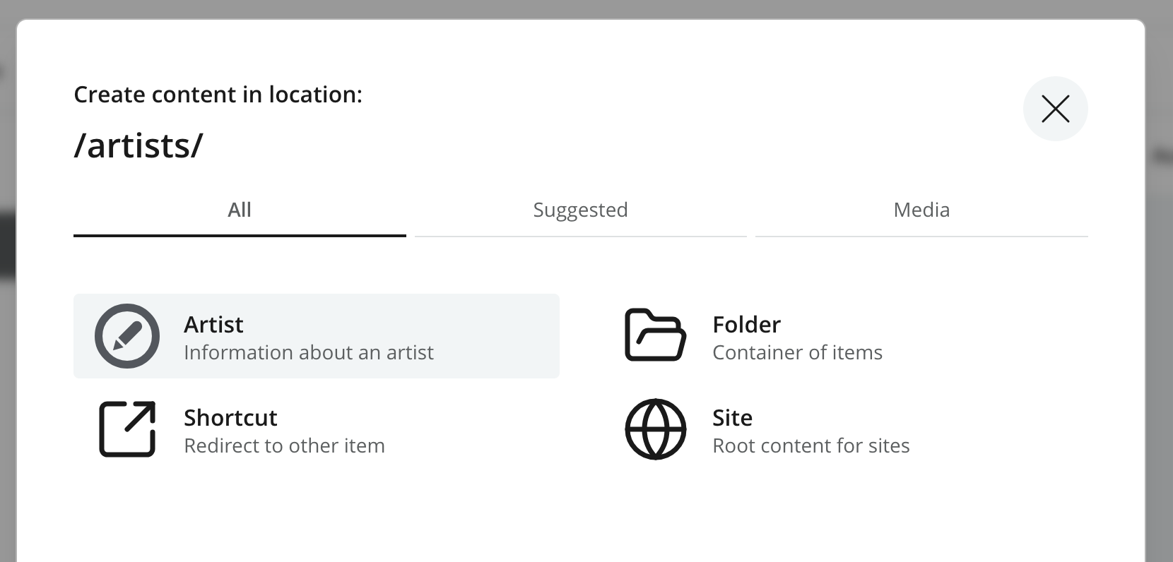 The Create content dialog, listing the available content types: Artist, Folder, Shortcut and Site