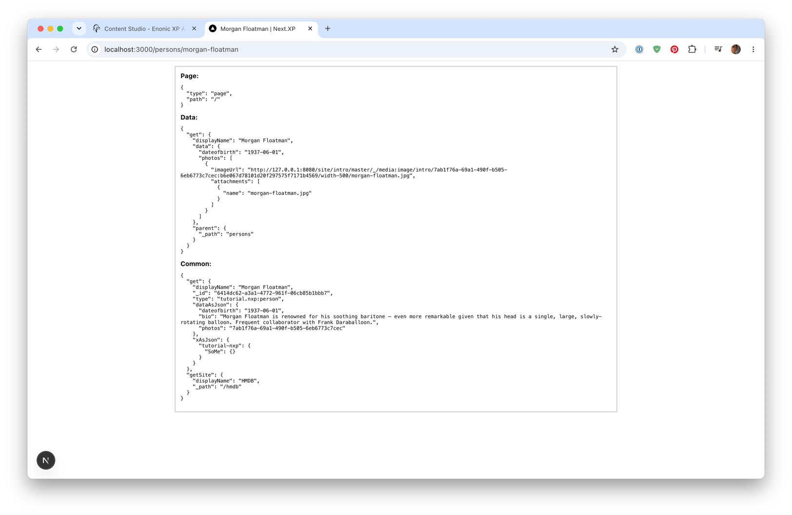 Page showing data props for Morgan Freeman content item morgan floatman props