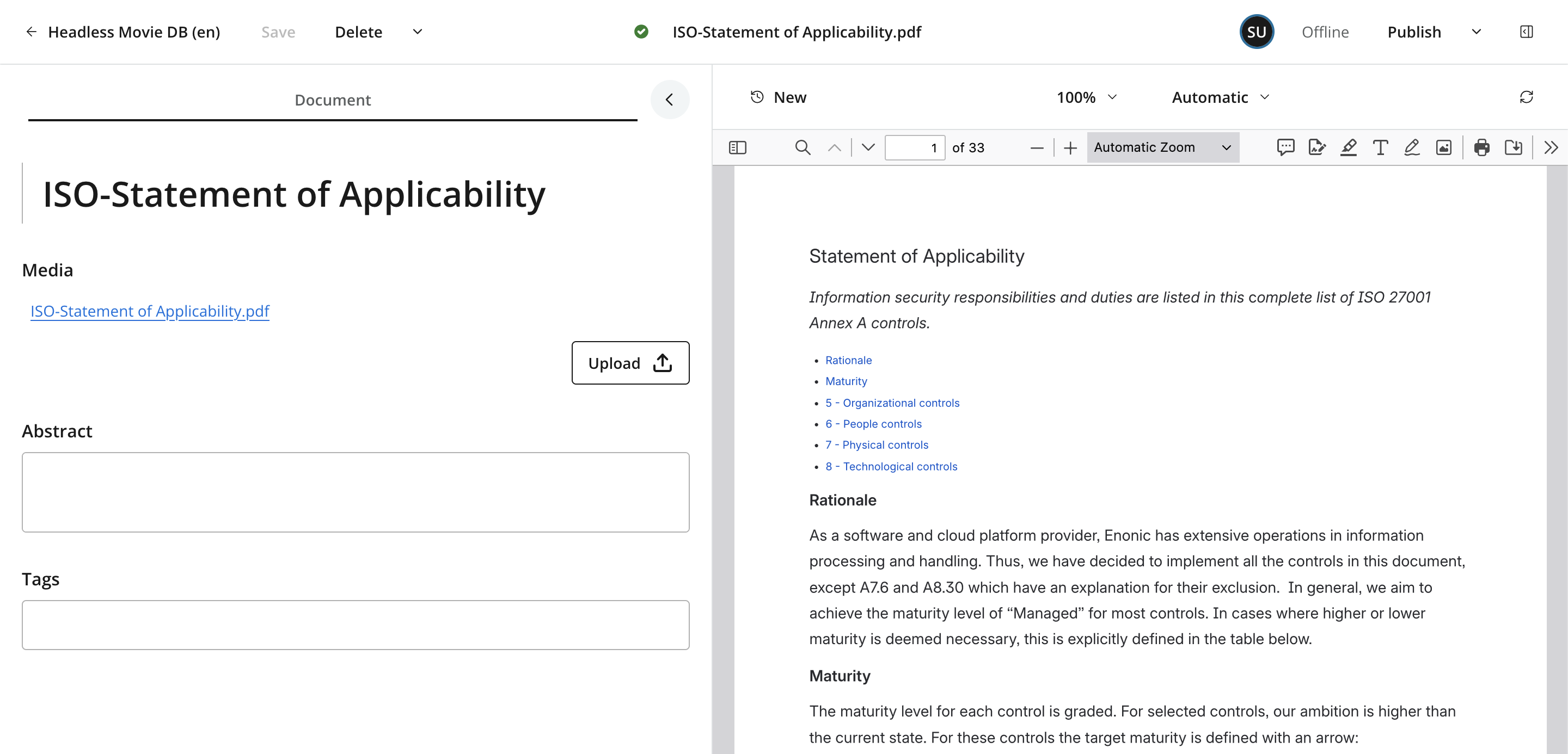 A pdf file has been uploaded and saved as the document media type with a full preview of the file visible