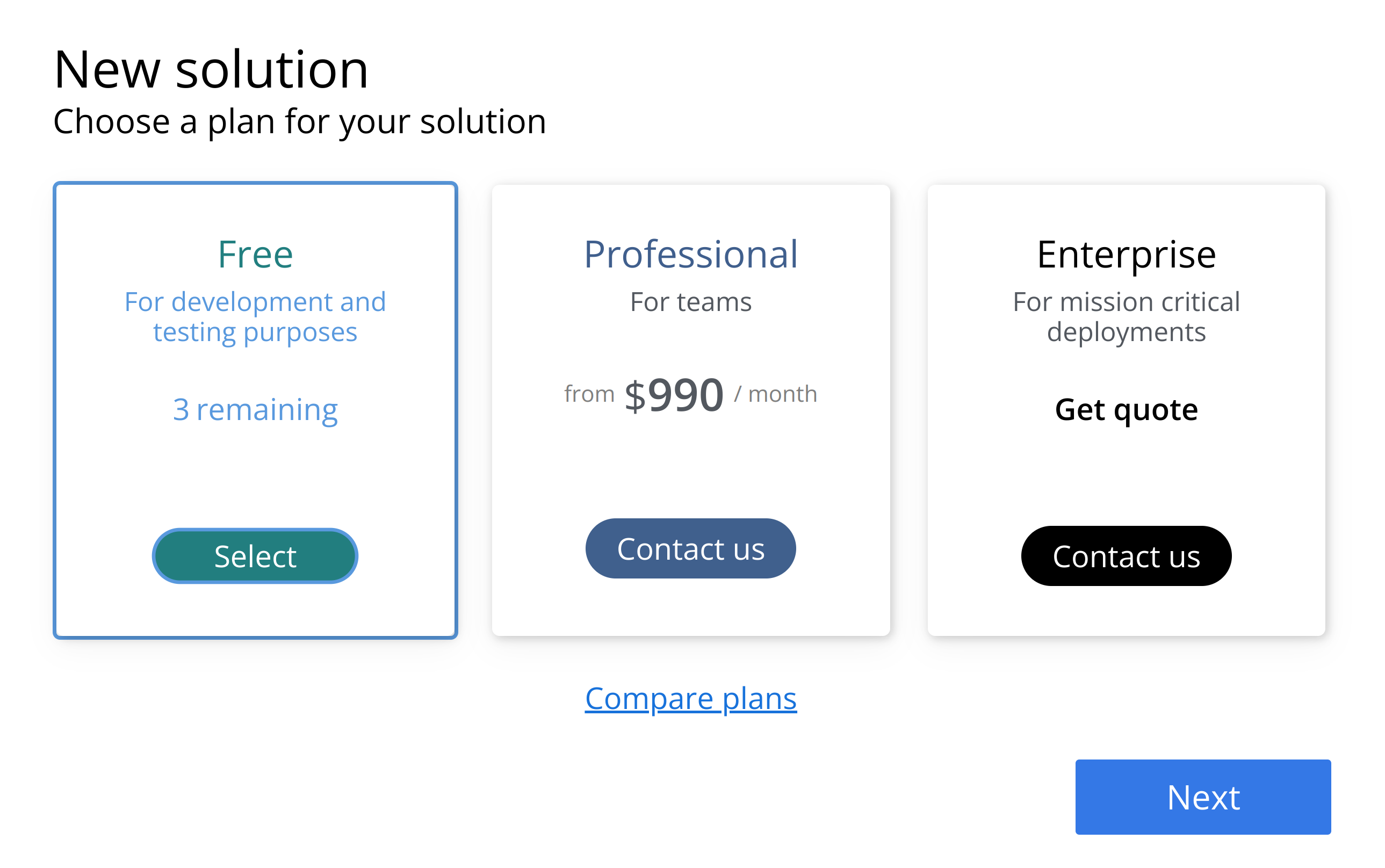 Enonic cloud welcome page with 3 plans