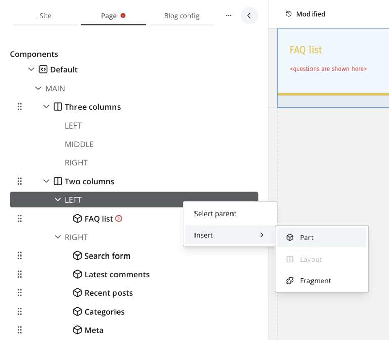 Context menu with insert part highlighted - Insert layout is disabled as nested layouts is not allowed