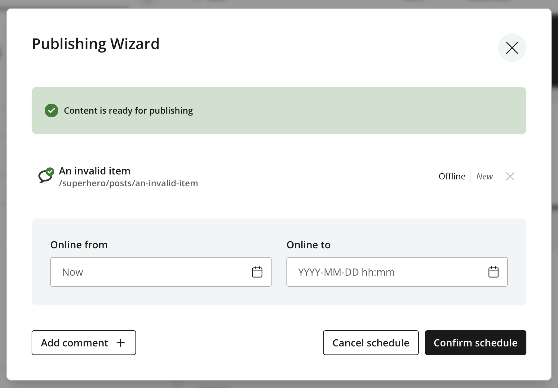 Publishing Wizard with Online from and Online to fields, Cancel schedule, and Confirm schedule