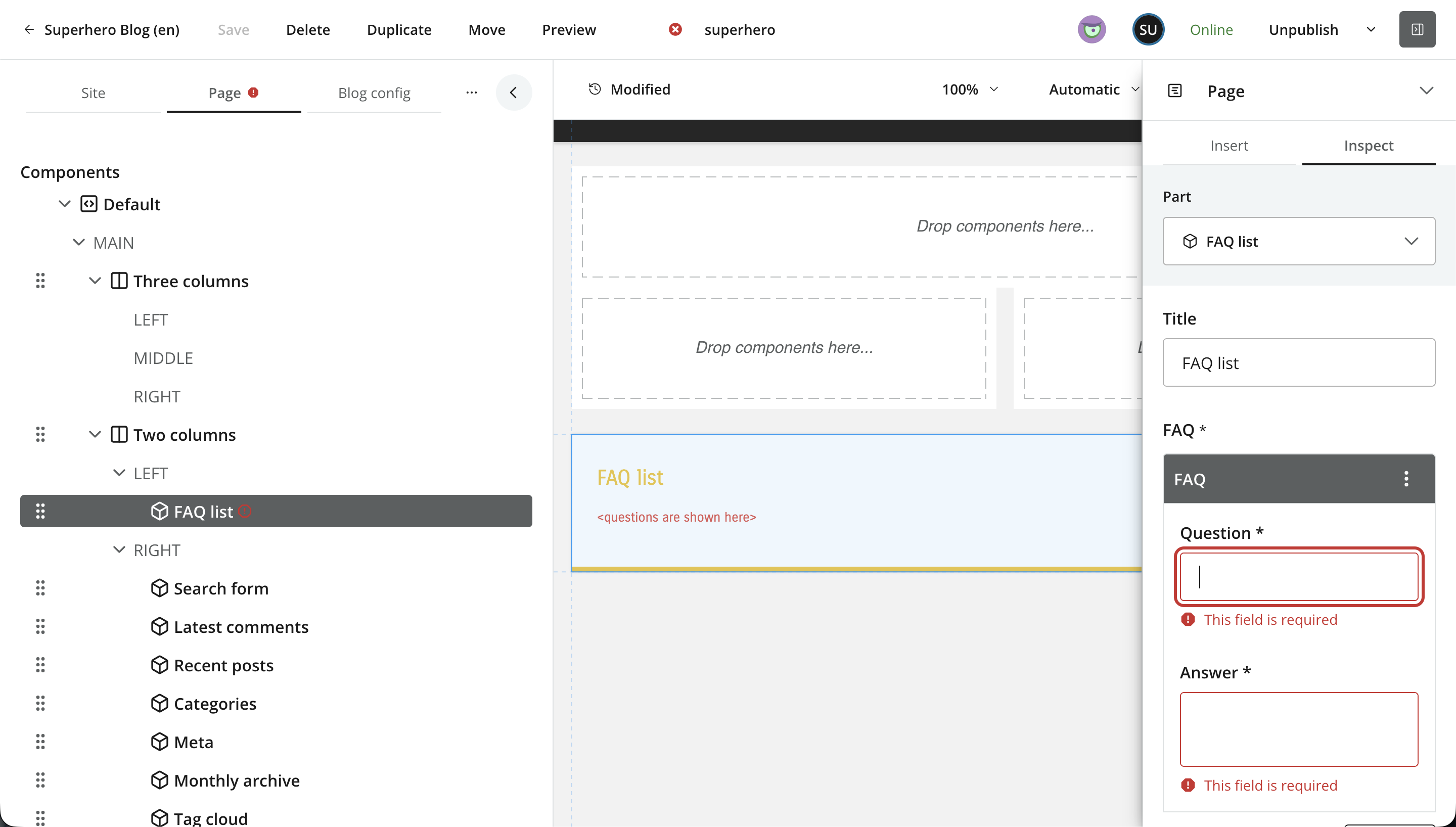 Page form supports validation handling and visualization