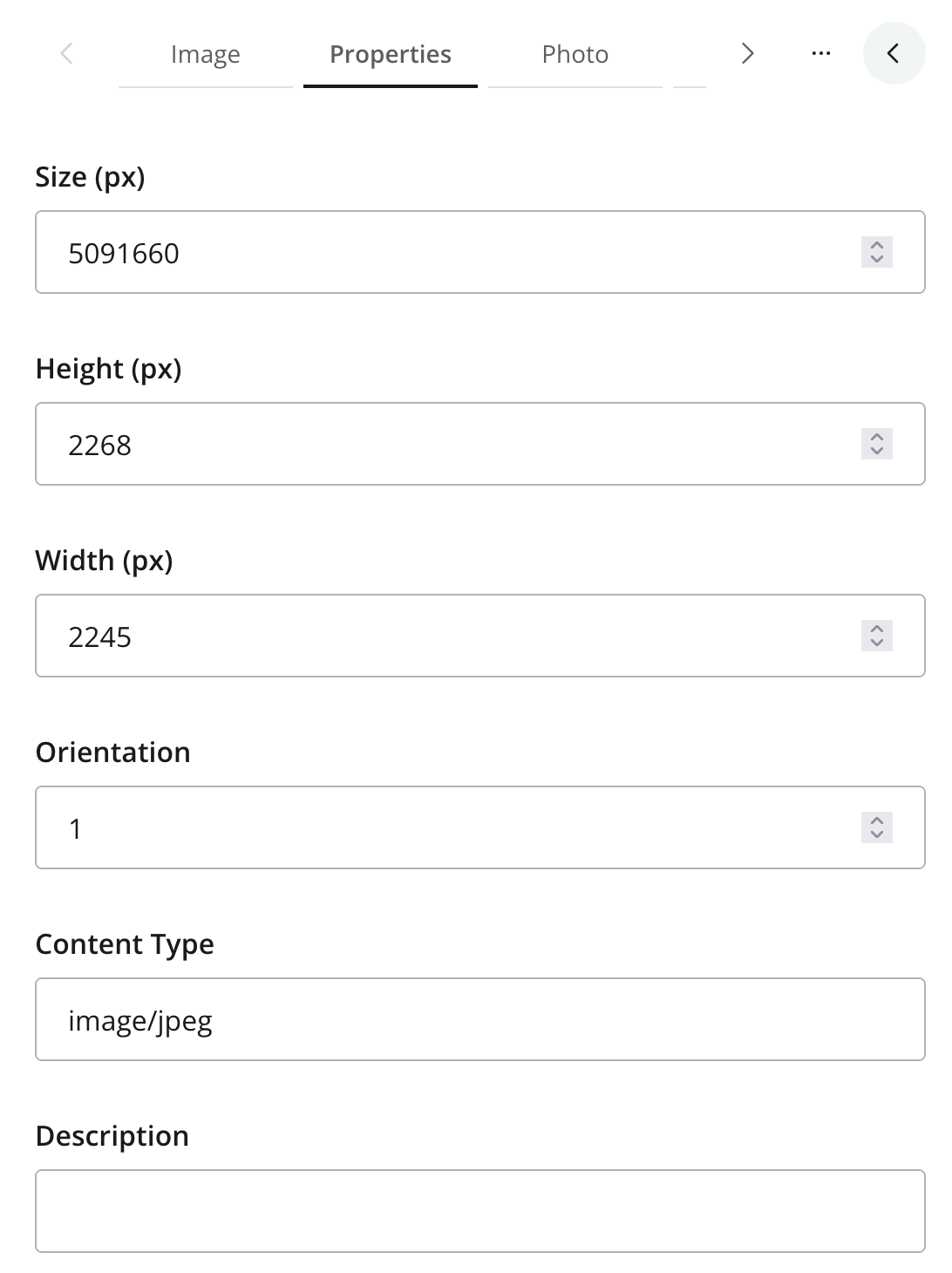 Properties tab with dimensions, orientation, content type, and description
