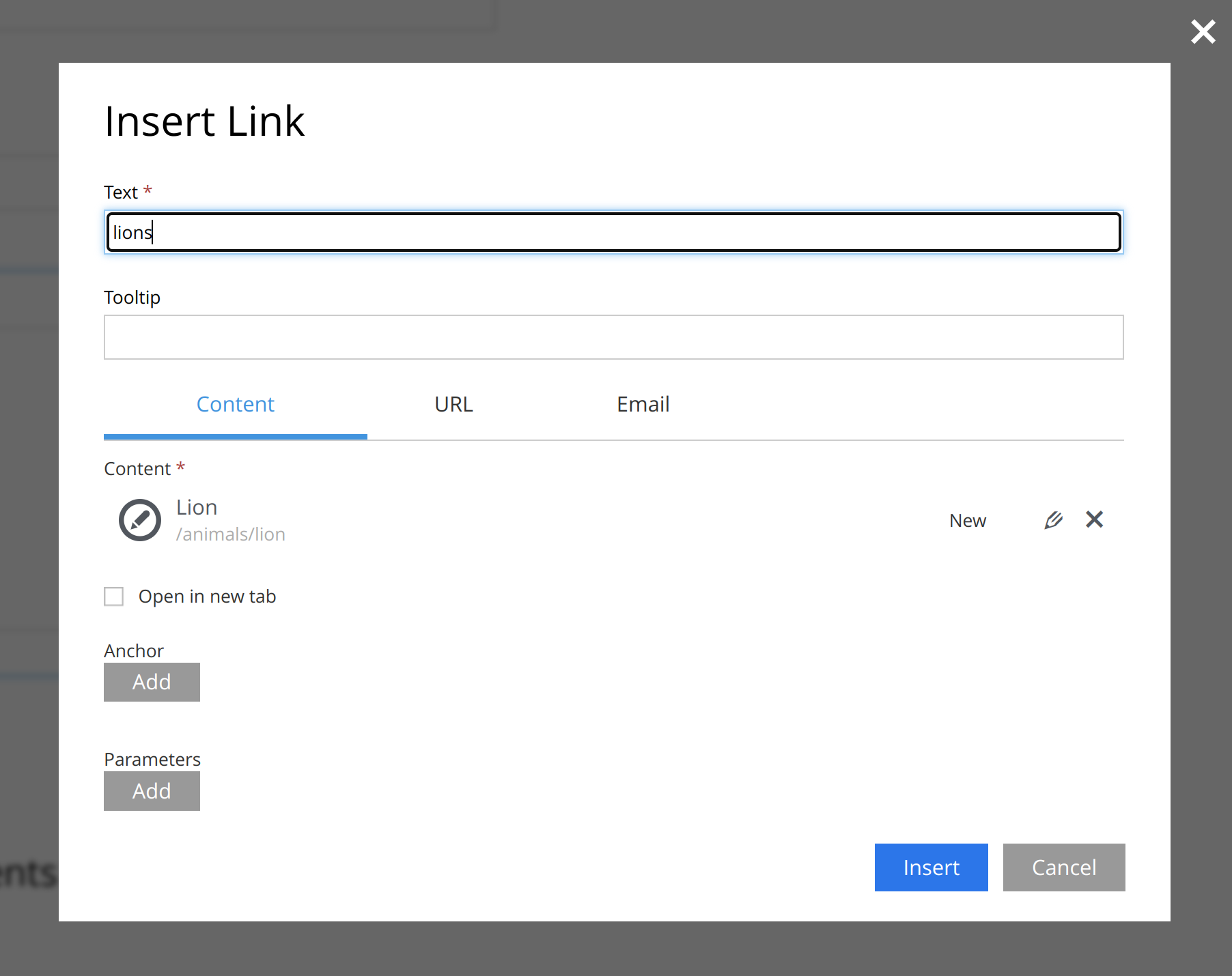 Screenshot of the insert link dialog