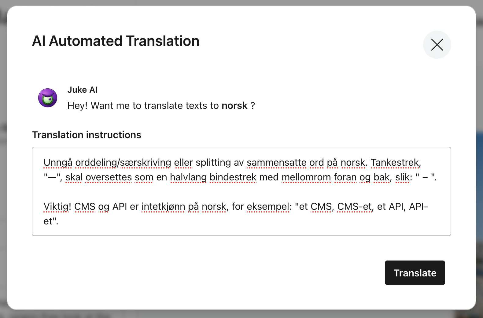 AI Automated Translation dialog targeting Norwegian, with Translation instructions and a Translate button