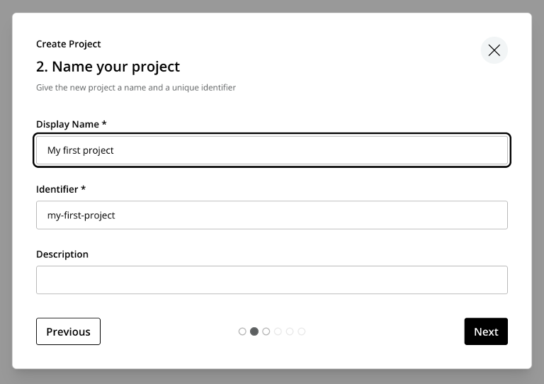 Dialog for setting project name and unique ID