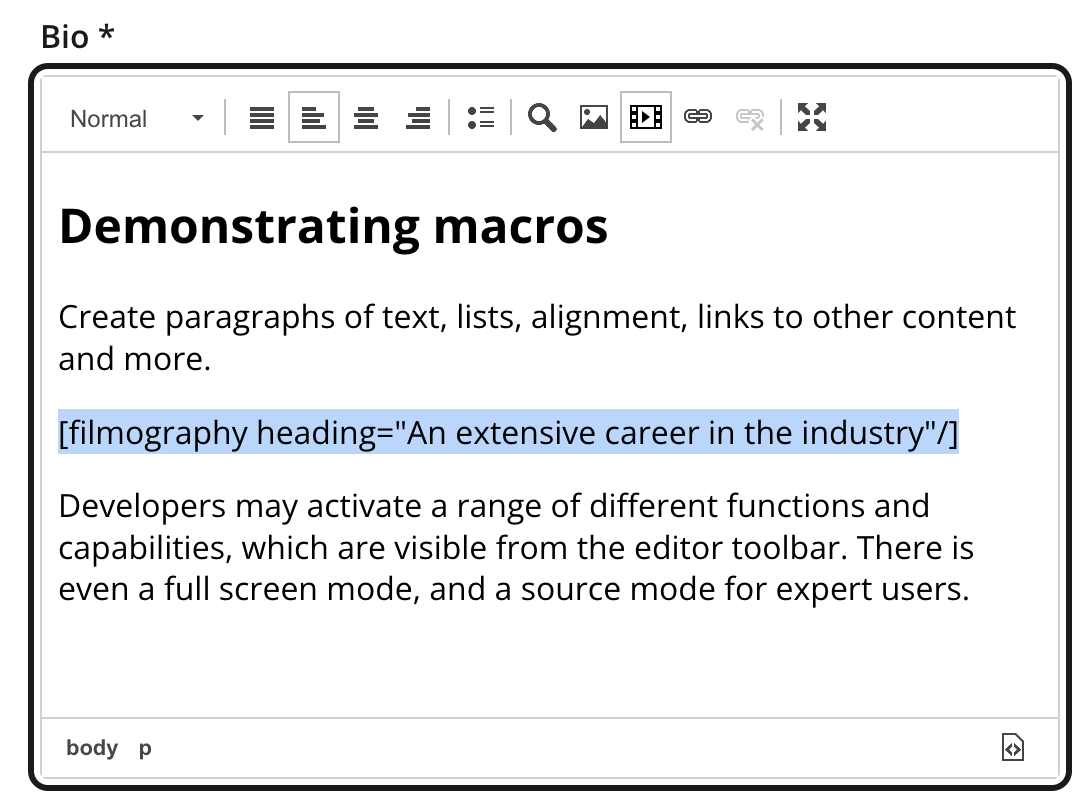 Rich Text Editor showing an inserted macro as its name and configured values