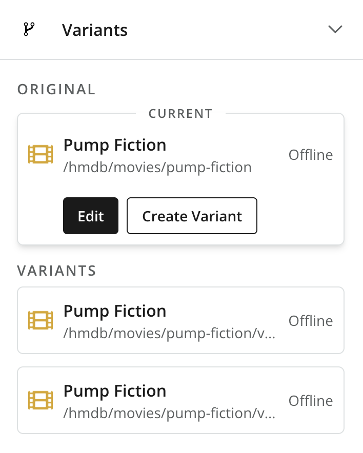 The variants context panel listing original item and variant-1 and variant-2