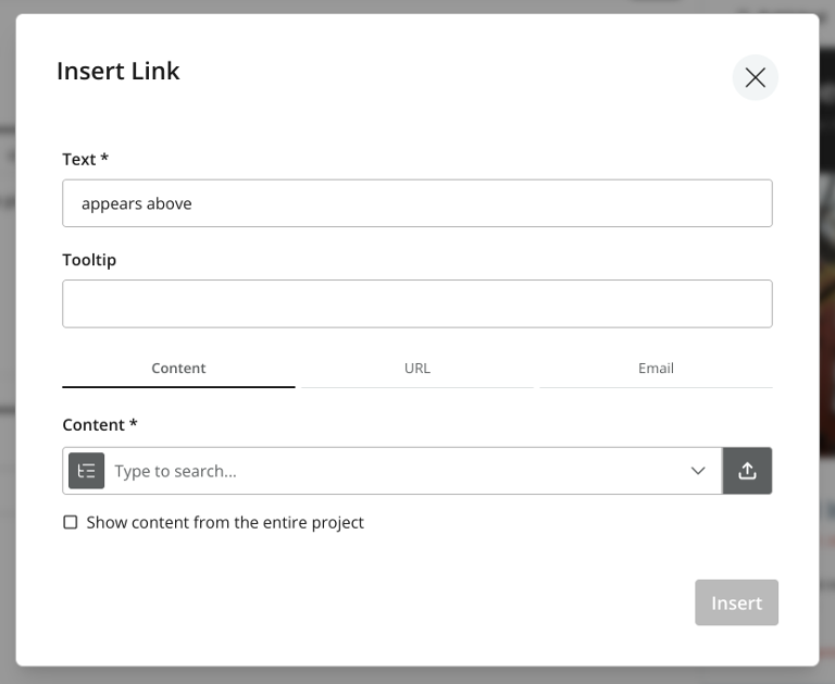 Link dialog with all available options