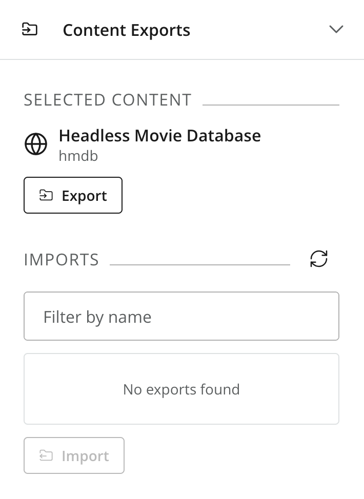 Content Exports context panel showing selected item and available actions