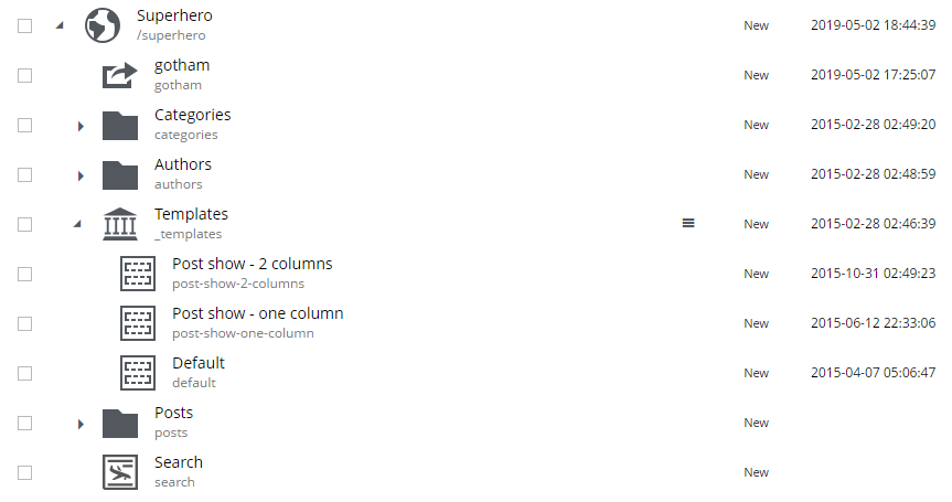 List of page templates in the Templates folder
