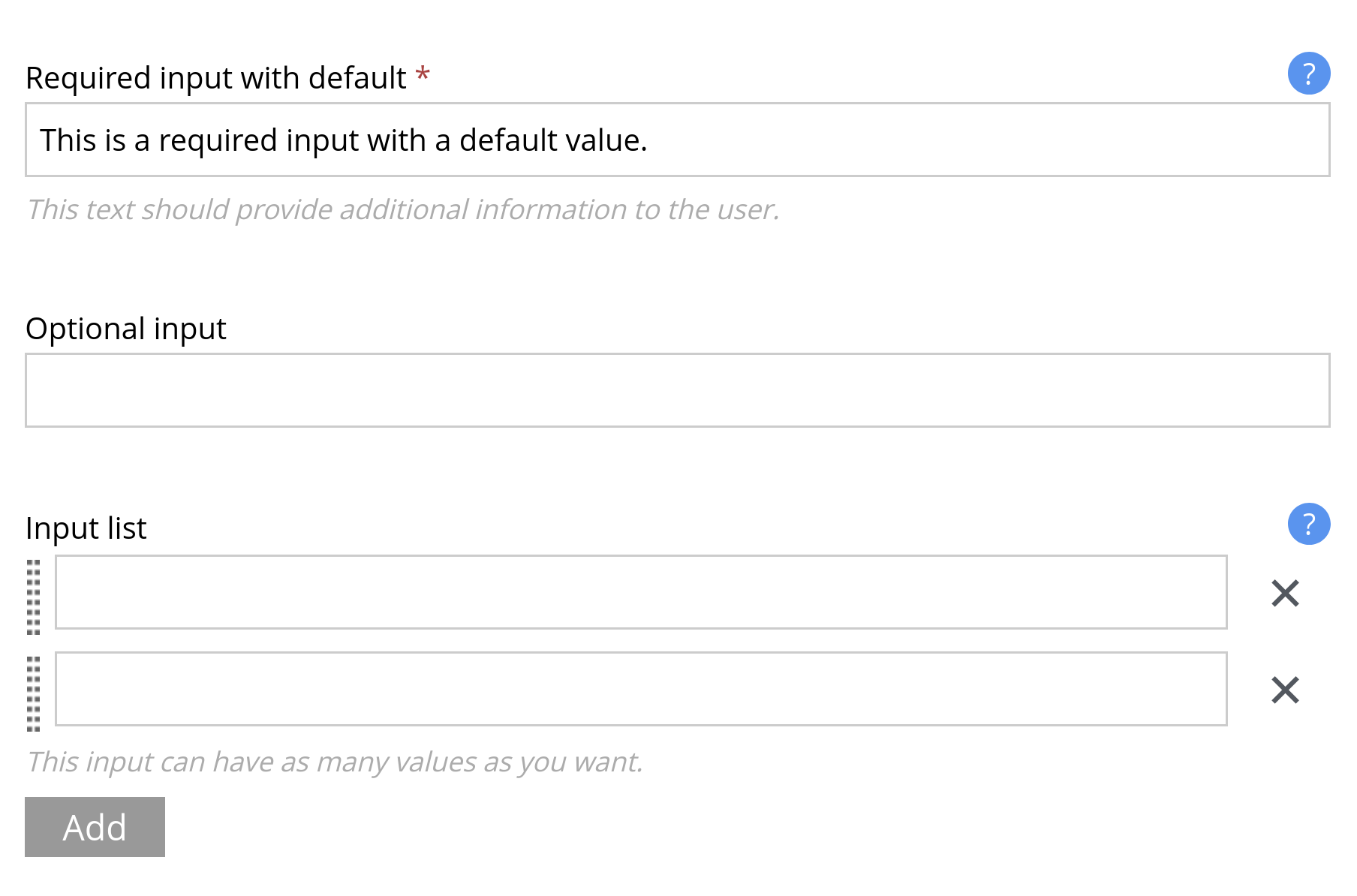 Three TextLine inputs showing all the common configuration options: labels, help text, default text, and occurrences.