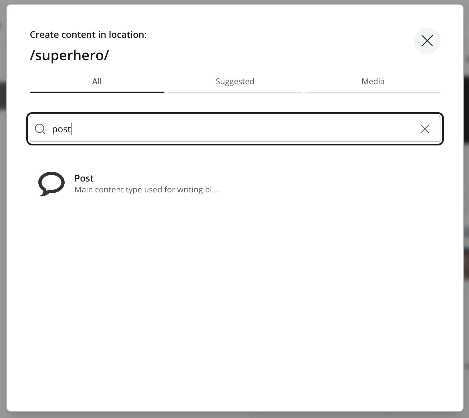 New Content dialog filtered to show the Post content type