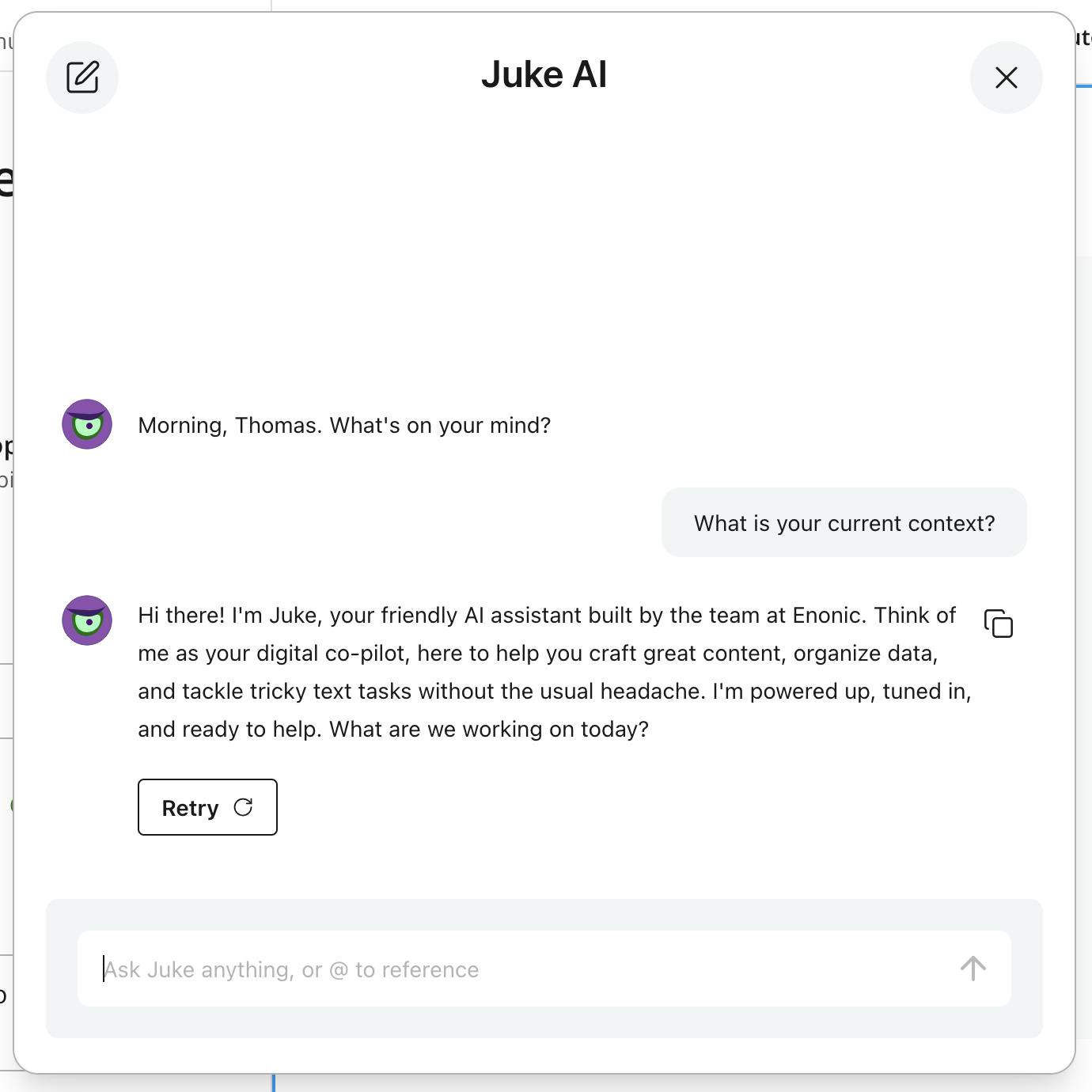 Juke AI chat showing the New chat icon, conversation, response copy control, Retry button, and prompt field