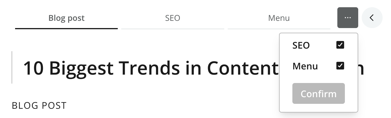 Content Form showing the content type, mixin tabs and optionally the page tab