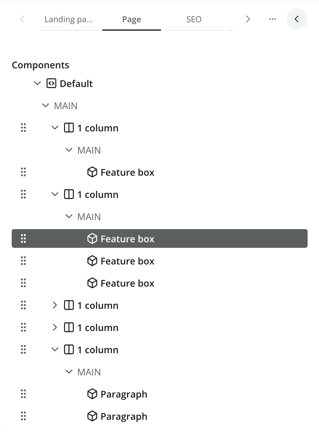 Page tab in the Content Form showing the page component hierarchy