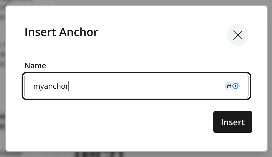 Insert Anchor dialog with an anchor name