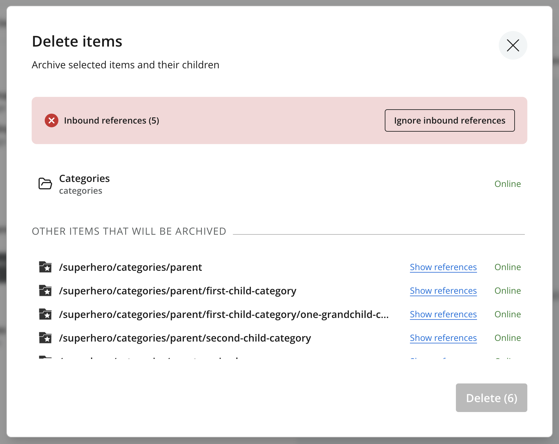 Delete dialog showing Categories, its descendants, an Inbound references warning, and a disabled Delete button