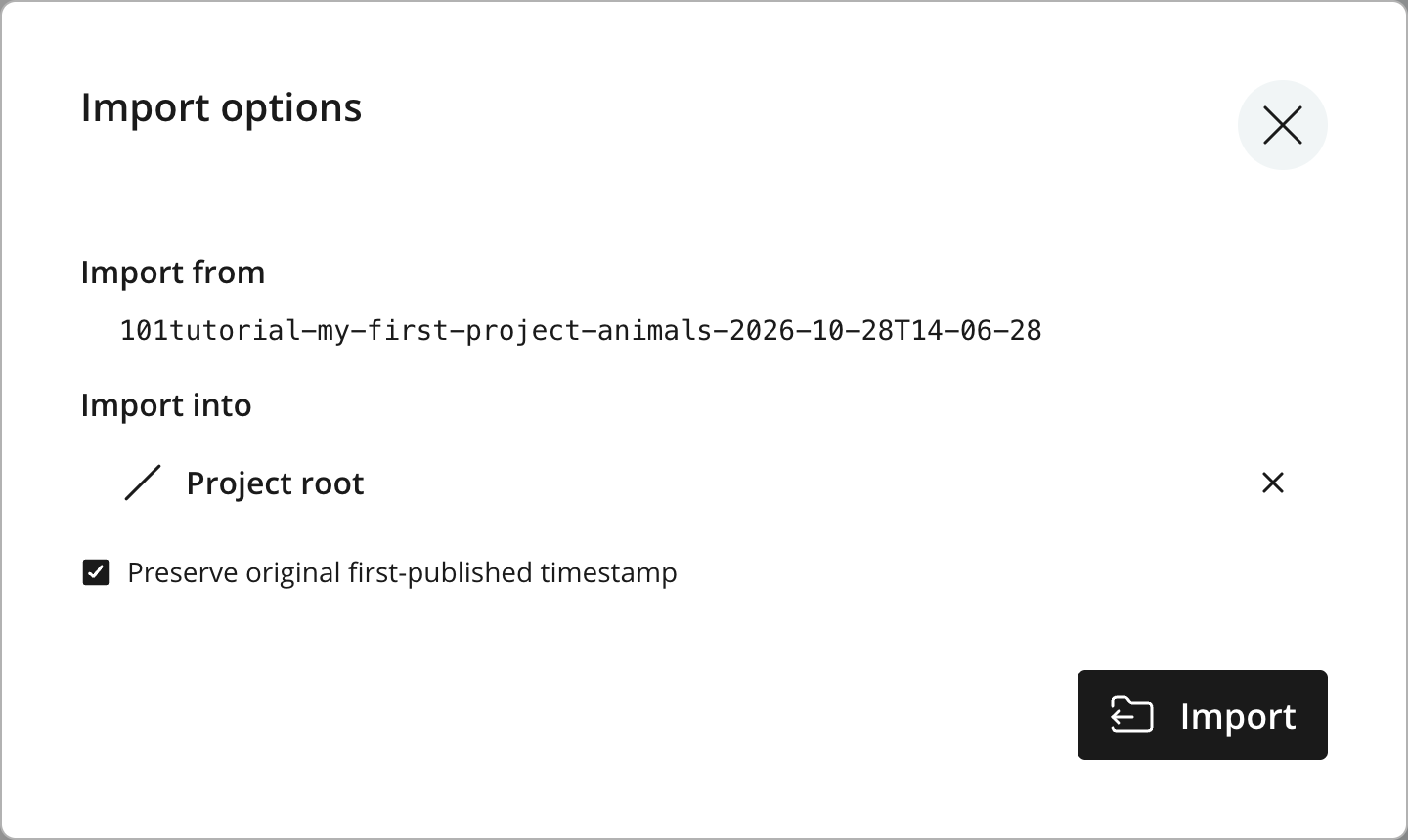 Import options dialog showing the Animals export, Project root as the destination and Preserve original first-published timestamp selected