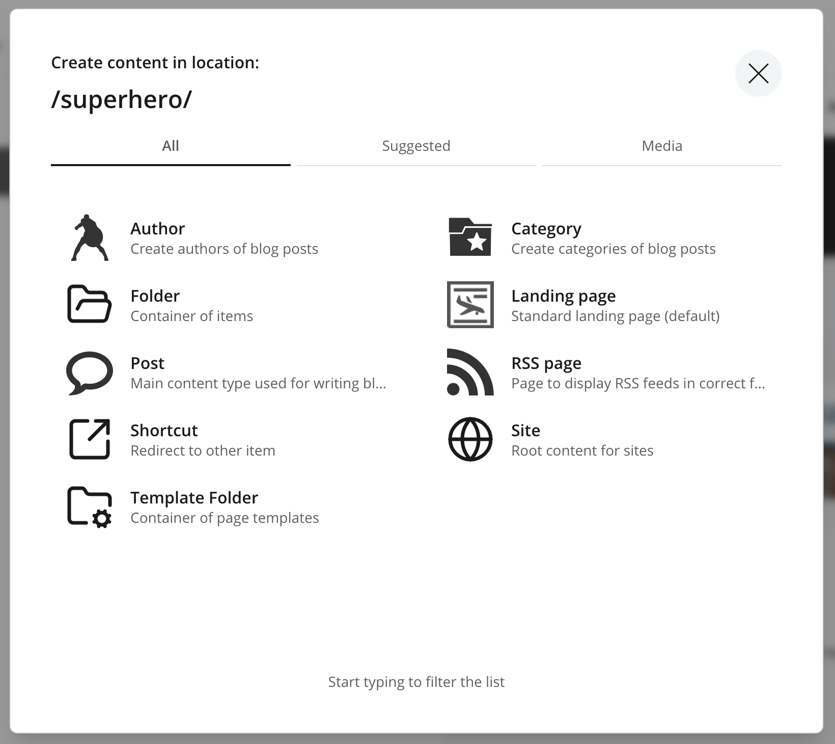 New Content dialog at /superhero/ with All, Suggested, and Media tabs