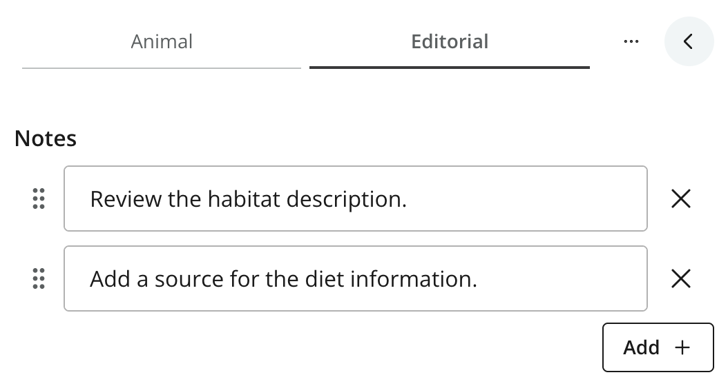 Editorial tab beside Animal, showing two separate notes on Lynx