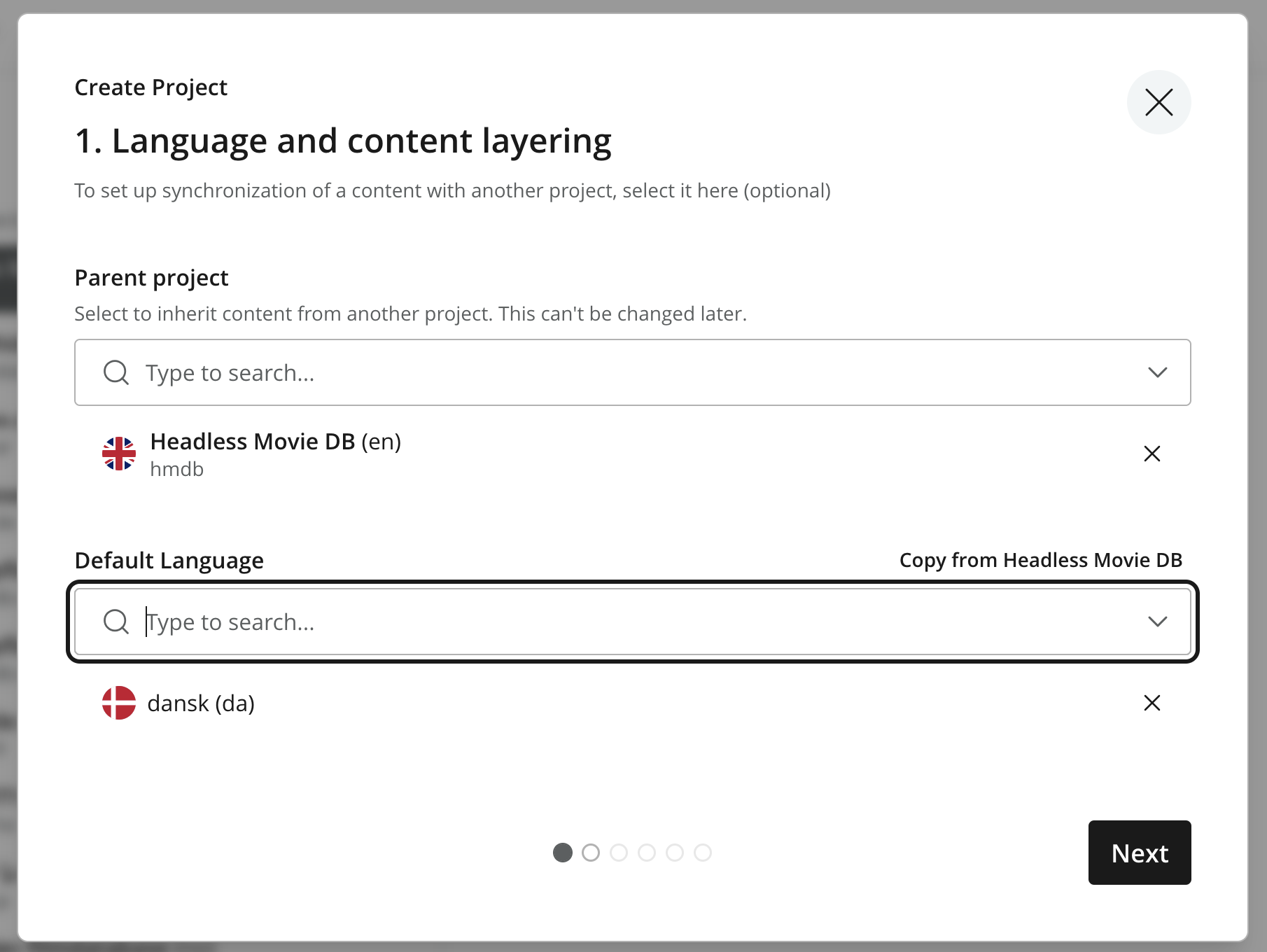 Project wizard with a parent project and Danish as the default language