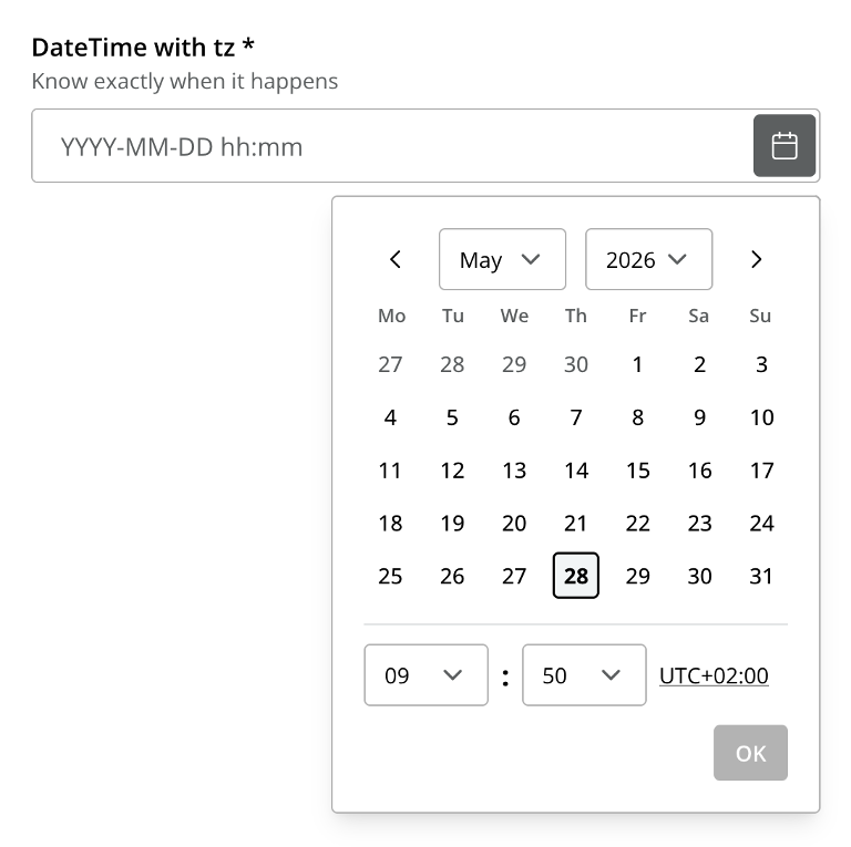 Input field with calendar and time selector above it