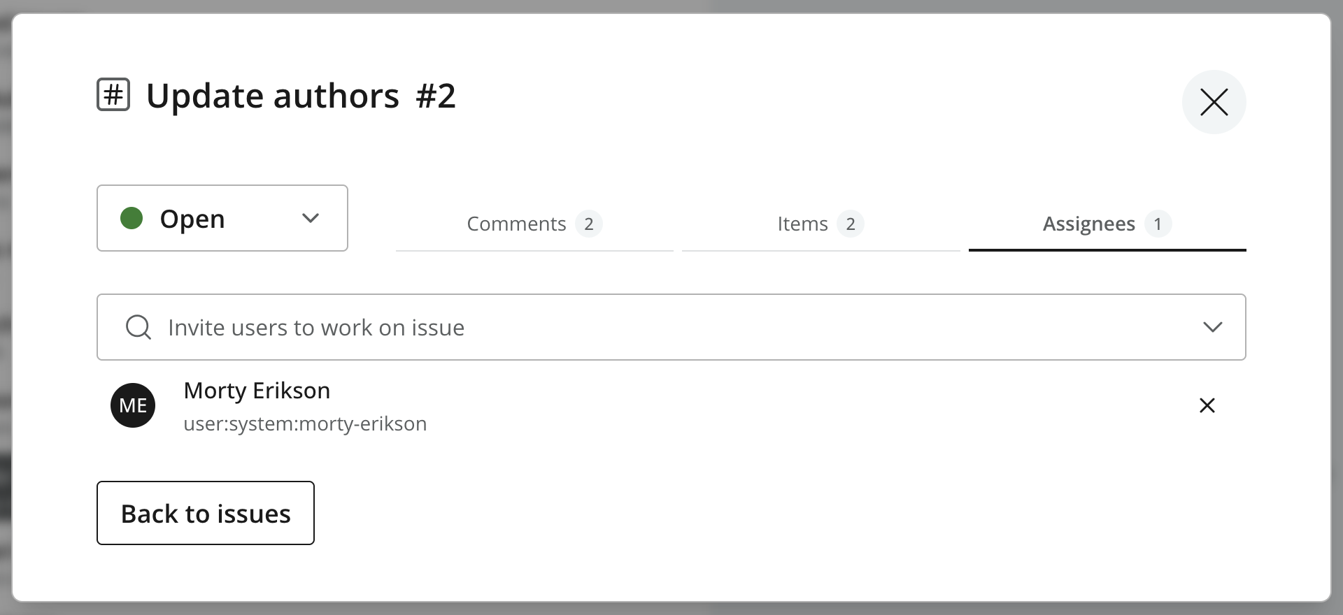 Issue Assignees tab with a user selector and an assigned user with a remove control