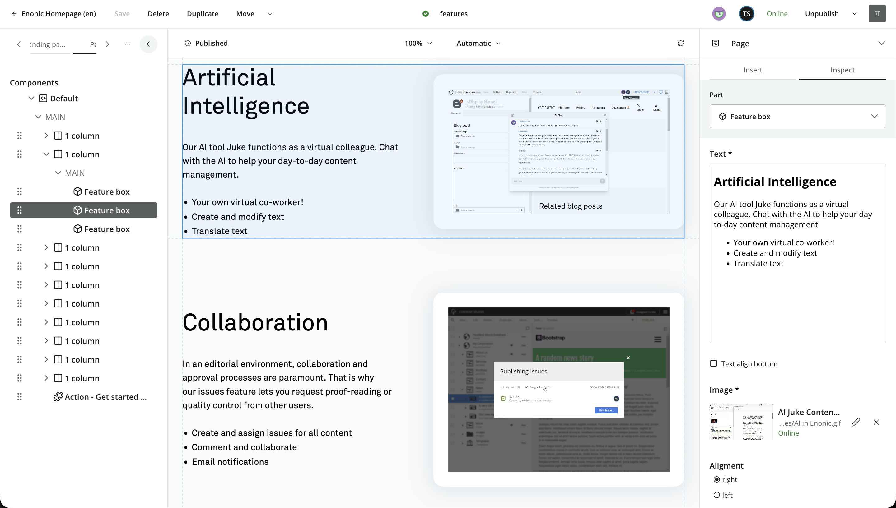 Page Editor with the Page form on the left, page preview in the center, and Page context panel on the right