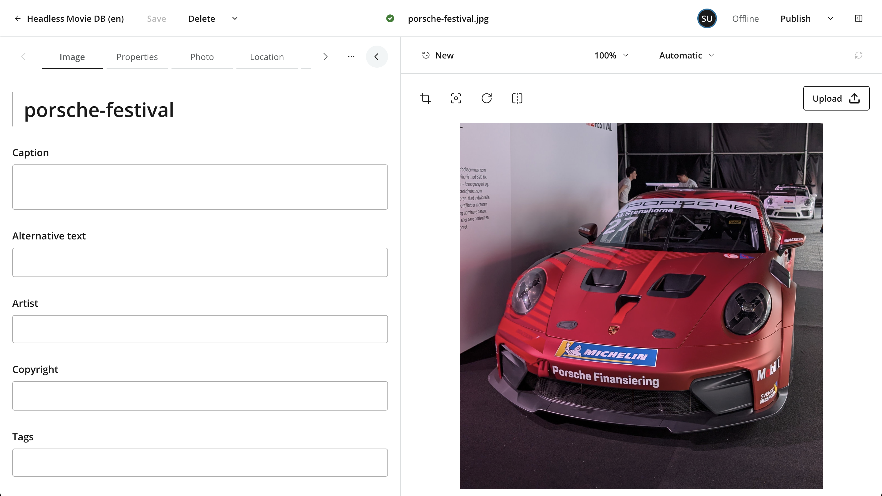 Image content item with its preview and editorial fields