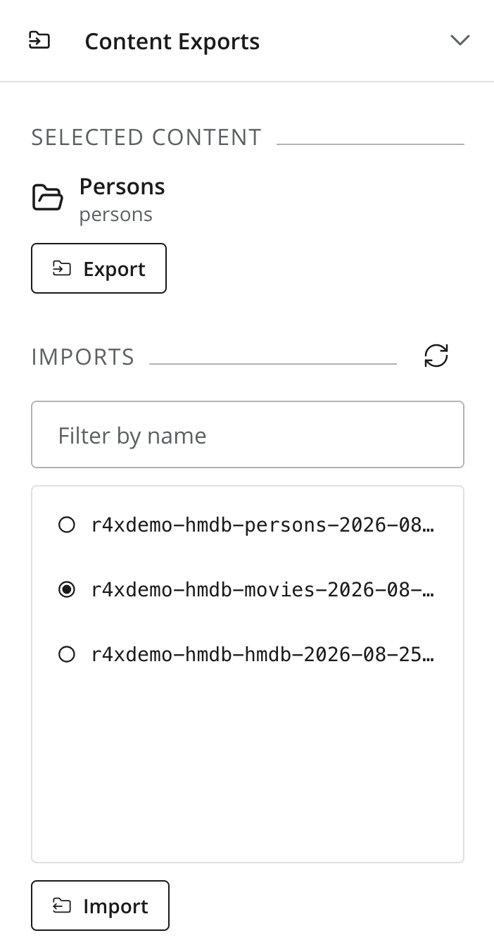 The panel dialog showing the exports available for importing