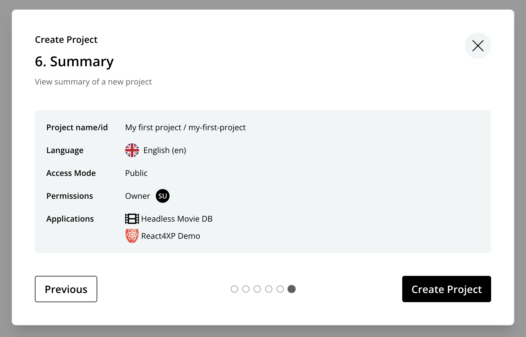 Summary of project settings