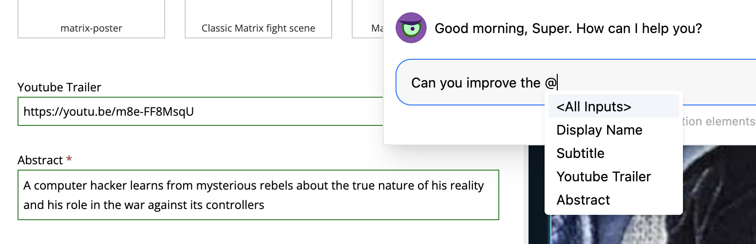type @ to reveal list of contextual input fields