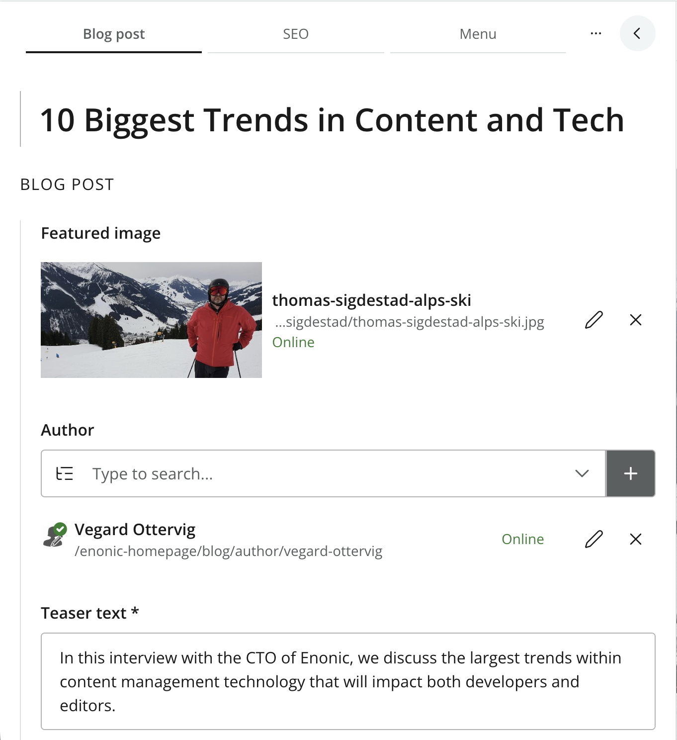 Content Form showing the content type and mixin tabs